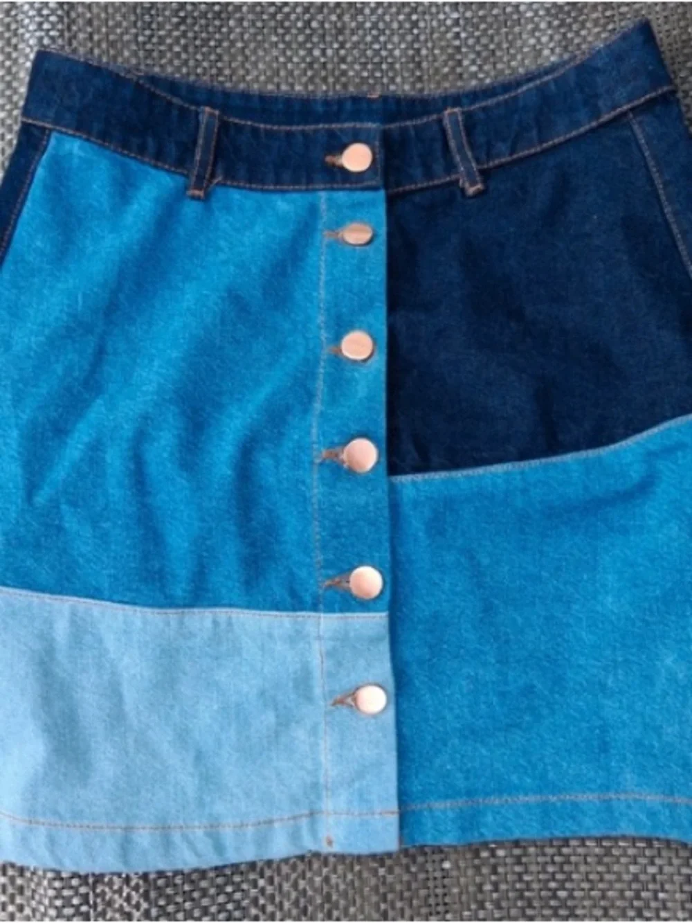 Patchwork Blue Denim Mini Skirt with Front Snap Buttons